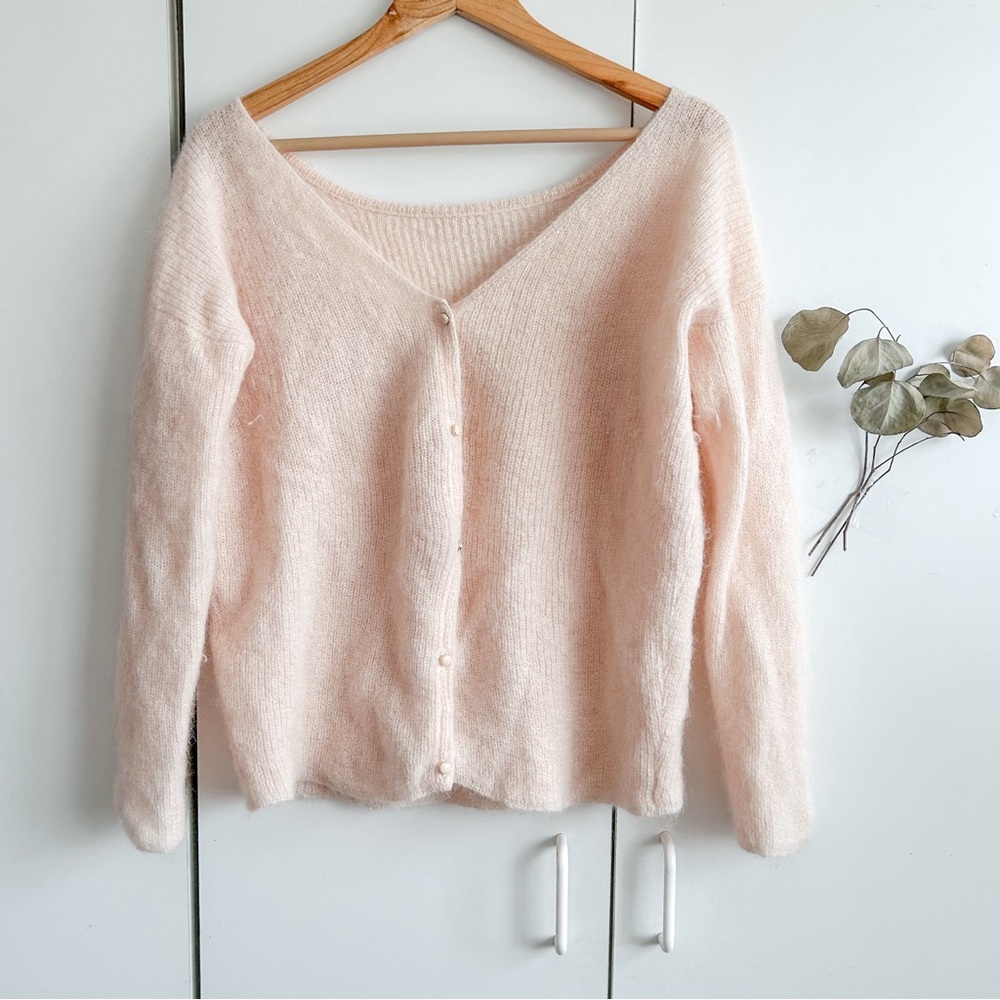 Sezane Pale Pink Fuzzy Mohair Blend Cardigan